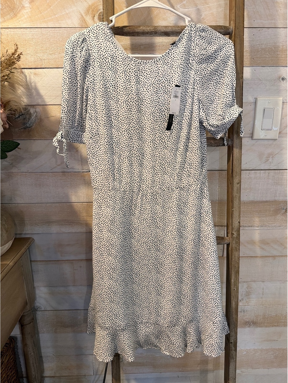 Banana Republic White &Black Polka Dot Midi Dress w/ Puff Sleeves and Ruffle Hem